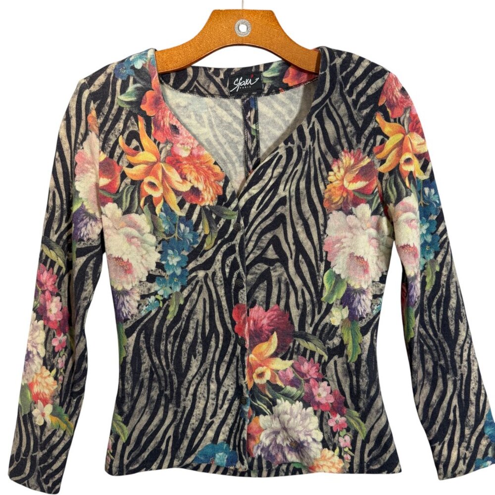 Sfoxi Zebra Print Floral Cardigan Wool Angora Blend Cardigan Vintage Inspired S